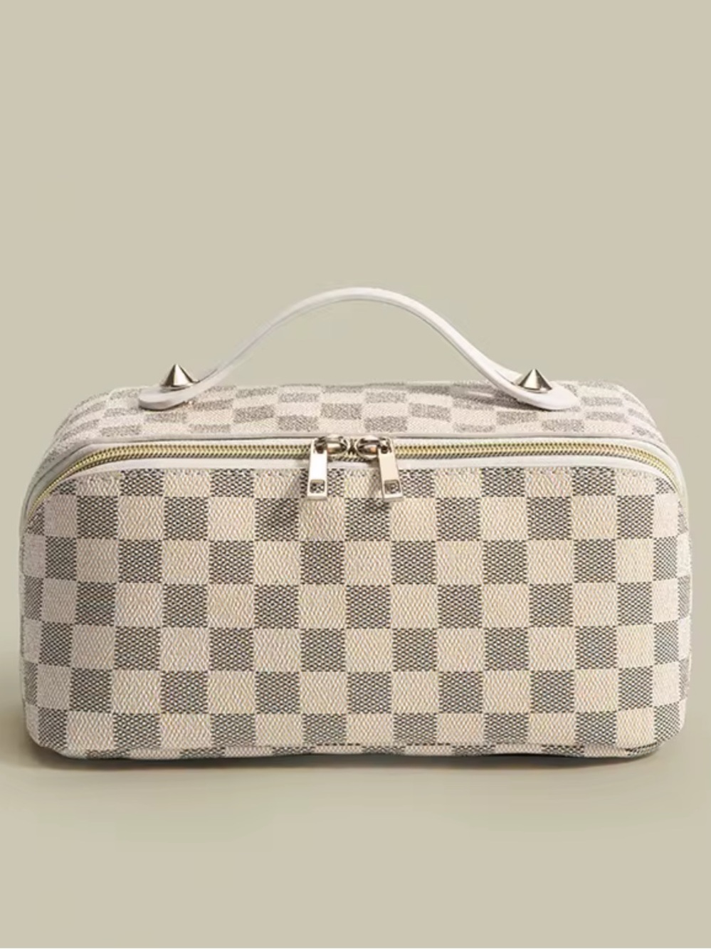 White and Grey Checkered Women's Top-Handle Cosmetic Toiletry Bag